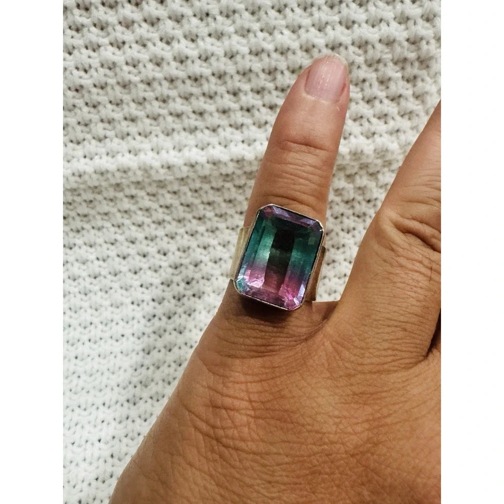 925 Sterling Silver Watermelon Glass Statement Ring Size 8